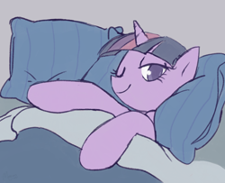 Size: 1200x976 | Tagged: safe, artist:morgana, derpibooru exclusive, twilight sparkle, pony, unicorn, bed, bedroom eyes, blanket, inviting, looking at you, one eye closed, pillow, sketch, smiling, solo, wink