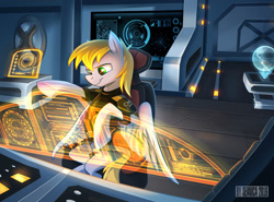 Size: 1216x900 | Tagged: safe, artist:seanica, oc, oc only, oc:cutting chipset, pegasus, pony, chair, clothes, hologram, mass effect, pilot, sitting, solo, spaceship, uniform