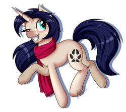 Size: 1800x1600 | Tagged: safe, artist:jack-pie, oc, oc only, oc:mifune, pony, unicorn, clothes, commission, cute, happy, one eye closed, raised hoof, scarf, simple background, solo, transparent background, wink