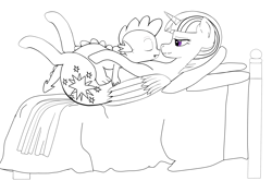 Size: 2476x1648 | Tagged: safe, artist:sejox, spike, twilight sparkle, twilight sparkle (alicorn), alicorn, dragon, pony, bed, black and white, eyes closed, female, grayscale, lineart, male, mare, monochrome, neo noir, on back, partial color, pony pillow, sleeping