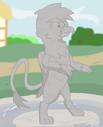 Size: 1024x1261 | Tagged: safe, artist:flicktransition, oc, oc only, oc:flick, oc:flick transition, griffon, aftermath, dice game, exploitable meme, fountain, inanimate tf, meme, ponyville, standing, standing up, statue, town, transformation, water