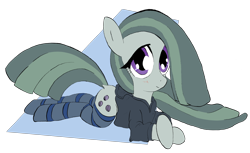 Size: 2022x1238 | Tagged: safe, artist:welkin-draws, marble pie, earth pony, pony, anatomically incorrect, blushing, clothes, cute, dock, female, hoodie, incorrect leg anatomy, looking at you, marblebetes, mare, prone, simple background, smiling, socks, solo, striped socks, transparent background