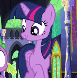 Size: 506x508 | Tagged: safe, screencap, spike, twilight sparkle, twilight sparkle (alicorn), alicorn, dragon, pony, the cutie re-mark, :s, animated, d:, female, folded wings, gif, gritted teeth, male, mare, open mouth, raised hoof, solo focus, surprised, wavy mouth, worried