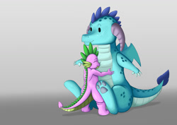 Size: 1403x992 | Tagged: safe, artist:exelzior, princess ember, spike, dragon, emberspike, eyes closed, gradient background, hug, male, plushie, shipping, sitting, size difference, smiling, solo, spread wings, straight