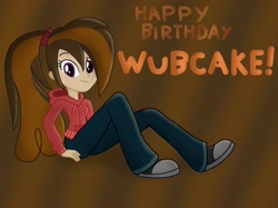 Size: 2732x2048 | Tagged: safe, artist:justsomepainter11, oc, oc only, oc:cupcake slash, equestria girls, clothes, converse, equestria girls-ified, female, happy birthday, hoodie, looking at you, pants, shoes, sitting, smiling, solo, wubcake