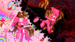 Size: 3309x1861 | Tagged: safe, artist:lixthefork, feather bangs, oc, oc:lix, pony, hard to say anything, blood, duality, food, heart, insanity, pentagram, plushie, rainbow, watermelon