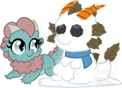 Size: 733x529 | Tagged: safe, artist:tambelon, oc, oc only, oc:cindy, dragon, carrot, clothes, coal, cute, female, food, leaves, scarf, simple background, smiling, snowman, solo, transparent background, watermark