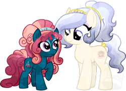 Size: 900x650 | Tagged: safe, artist:tambelon, oc, oc only, oc:mystic omen, oc:opalescent pearl, crystal pony, pony, duo, female, mare, size difference