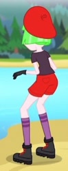 Size: 147x372 | Tagged: safe, screencap, watermelody, equestria girls, legend of everfree, ass, beret, boots, butt, camp everfree outfits, clothes, cropped, female, gloves, hat, rear view, shorts, socks, solo, waterbooty
