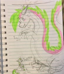 Size: 445x512 | Tagged: safe, artist:spindlespice, oc, oc only, oc:neon streak, dragon, pony, unicorn, lined paper, traditional art