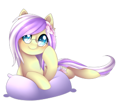 Size: 2576x2216 | Tagged: safe, artist:scarlet-spectrum, oc, oc only, oc:azalea floria, pony, flower, flower in hair, glasses, pillow, simple background, solo, transparent background