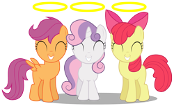 Size: 4891x3000 | Tagged: safe, artist:brony-works, apple bloom, scootaloo, sweetie belle, pony, stare master, absurd resolution, cutie mark crusaders, eyes closed, halo, high res, simple background, smiling, this will end in tears and/or death and/or covered in tree sap, transparent background, vector