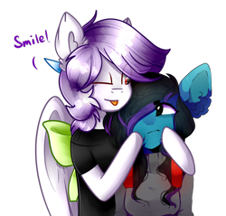 Size: 1360x1300 | Tagged: safe, artist:despotshy, artist:nijikawai, oc, oc only, oc:despy, oc:soul heart, anthro, earth pony, bow, clothes, female, hair bow, mare, simple background, tongue out, transparent background