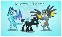 Size: 2544x1520 | Tagged: safe, artist:andoanimalia, gabby, princess ember, thorax, changeling, dragon, griffon, blue background, dragoness, female, male, simple background, trio