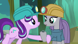 Size: 1920x1090 | Tagged: safe, screencap, boulder (pet), pony, rock solid friendship, helmet, holding hooves, mining helmet