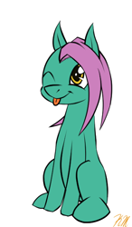 Size: 350x600 | Tagged: safe, derpibooru exclusive, oc, oc only, oc:sketchivus b. stylus, earth pony, pony, one eye closed, simple background, sitting, smiling, solo, tongue out, white background, wink