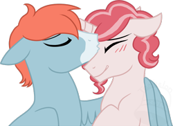 Size: 894x650 | Tagged: safe, artist:tambelon, oc, oc only, oc:cozy comfort, oc:sweet treat, pegasus, pony, unicorn, blushing, gay, kissing, male, shipping, stallion