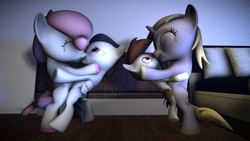 Size: 3840x2160 | Tagged: safe, artist:viranimation, dinky hooves, pipsqueak, rumble, sweetie belle, 3d, cute, dinkysqueak, hoof polish, kissing, male, nail polish, rumbelle, shipping, source filmmaker, spin the bottle, straight