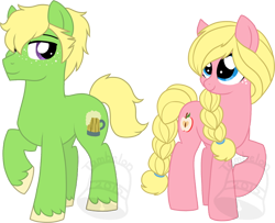 Size: 740x600 | Tagged: safe, artist:tambelon, oc, oc only, oc:hard cider, oc:pink lady, earth pony, pony, brother and sister, female, magical lesbian spawn, male, mare, next generation, offspring, parent:applejack, parent:rainbow dash, parents:appledash, siblings, simple background, stallion, transparent background, watermark