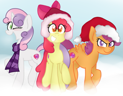 Size: 1043x815 | Tagged: safe, artist:rozzertrask, apple bloom, scootaloo, sweetie belle, earth pony, pegasus, pony, unicorn, clothes, cutie mark crusaders, hat, heart eyes, santa hat, scarf, snow, wingding eyes