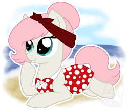 Size: 800x689 | Tagged: safe, artist:tambelon, oc, oc only, oc:peppermint bliss, earth pony, pony, beach, clothes, dress, female, mare, simple background, solo, swimsuit