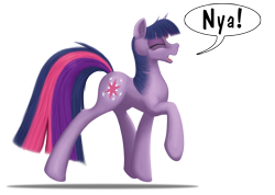 Size: 3035x2160 | Tagged: safe, artist:bcrich40, twilight sparkle, unicorn twilight, pony, unicorn, behaving like a cat, eyes closed, high res, nya, simple background, solo, teeth, transparent background, trotting, twilight cat