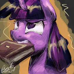 Size: 2000x2000 | Tagged: safe, artist:toisanemoif, twilight sparkle, twilight sparkle (alicorn), alicorn, pony, book, bookhorse, bust, confused, looking up, mouth hold, raised eyebrow, solo, wide eyes