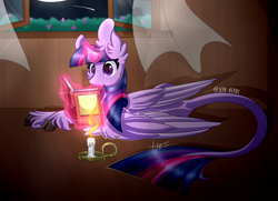 Size: 2000x1450 | Tagged: safe, artist:derp-berry, twilight sparkle, twilight sparkle (alicorn), alicorn, classical unicorn, pony, book, candle, cloven hooves, female, glowing horn, leonine tail, magic, mare, moon, night, reading, solo, telekinesis, unshorn fetlocks