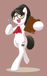 Size: 1200x1920 | Tagged: safe, artist:phoenixperegrine, raven, writing desk, earth pony, pony, bipedal, clipboard, female, glasses, mare, open mouth, pen, simple background, smiling, solo