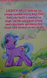 Size: 620x1023 | Tagged: safe, pony, g3, backcard, food, ice cream, ice cream mountain, leaning tower of ice cream, lickity split, official, sundae, that pony sure does love ice cream