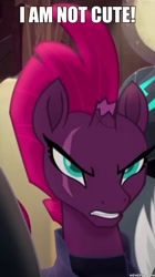 Size: 600x1073 | Tagged: safe, edit, edited screencap, screencap, tempest shadow, pony, unicorn, my little pony: the movie, angry, armor, blatant lies, broken horn, cute, eye scar, female, i'm not cute, image macro, mare, meme, pretty pretty tempest, scar, storm guard, tempestbetes