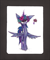 Size: 1288x1545 | Tagged: safe, artist:sirchezee, artist:that-was-weird, twilight sparkle, twilight sparkle (alicorn), alicorn, pony, :>, cute, flower, flower in hair, fluffy, levitation, looking up, magic, open mouth, smiling, solo, spread wings, telekinesis