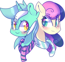 Size: 1547x1466 | Tagged: safe, artist:emily-826, bon bon, lyra heartstrings, sweetie drops, earth pony, pony, unicorn, blushing, bust, clothes, female, lesbian, lyrabon, mare, portrait, scarf, shipping, simple background, transparent background