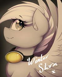 Size: 1200x1500 | Tagged: safe, artist:thebatfang, oc, oc only, oc:winter storm, pegasus, pony, autograph, female, goggles, looking back, simple background, smiling, solo, wings