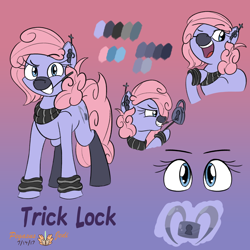 Size: 2000x2000 | Tagged: safe, artist:floofyfoxcomics, oc, oc only, oc:trick lock, earth pony, pony, female, high res, lockpicking, mare, mouth hold, padlock, reference sheet, solo