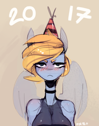 Size: 1341x1703 | Tagged: safe, artist:novabytes, oc, oc only, oc:nova, anthro, pegasus, anthro oc, blushing, breasts, choker, female, happy new year, happy new year 2017, hat, party hat, solo, unamused