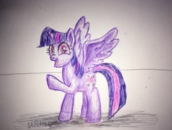 Size: 4032x3024 | Tagged: safe, artist:bbqninja501st, twilight sparkle, twilight sparkle (alicorn), alicorn, pony, absurd resolution, female, looking at you, mare, open mouth, raised hoof, solo, spread wings, traditional art, wings