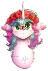 Size: 1333x1960 | Tagged: safe, artist:shadow-nights, oc, oc only, butterfly, pony, bust, chest fluff, colored pupils, female, floppy ears, floral head wreath, flower, mare, portrait, simple background, smiling, solo, transparent background