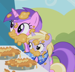 Size: 518x501 | Tagged: safe, screencap, amethyst star, dinky hooves, sparkler, pony, unicorn, sisterhooves social, cropped, food, messy eating, pie