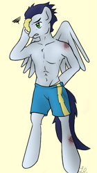 Size: 719x1280 | Tagged: safe, artist:mythologynerd101, soarin', anthro, unguligrade anthro, bare chest, clothes, partial nudity, solo, topless