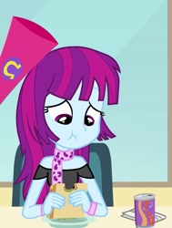 Size: 811x1070 | Tagged: safe, mystery mint, equestria girls, equestria girls (movie), bracelet, clothes, food, helping twilight win the crown, jewelry, megaphone, sandwich, scarf, soda can