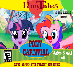 Size: 677x629 | Tagged: safe, derpibooru import, pinkie pie, twilight sparkle, earth pony, pony, series:pony tales, balloon, bipedal, carnival, clown, parody, pc game, veggietales