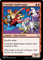 Size: 375x523 | Tagged: safe, idw, apple bloom, scootaloo, sweetie belle, pony, umbrum, siege of the crystal empire, spoiler:comic37, apple, cutie mark crusaders, food, magic the gathering, trading card, trading card edit, wagon