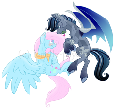 Size: 2900x2602 | Tagged: safe, artist:legally-psychotic, oc, oc only, oc:arctic starblaze, oc:blueberry balm, bat pony, pegasus, pony, berry, female, flying, high res, male, mare, mouth hold, oc x oc, shipping, simple background, stallion, transparent background