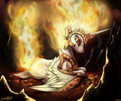 Size: 3652x3068 | Tagged: safe, artist:gaelledragons, daybreaker, alicorn, pony, a royal problem, armor, fire, helmet, high res, looking back, prone, slit eyes, smiling, solo