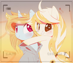 Size: 1537x1324 | Tagged: safe, artist:sorasku, oc, oc only, oc:painted smiles, oc:sun dance, earth pony, pony, unicorn, clothes, female, hoodie, hug, mare