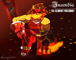 Size: 2500x2000 | Tagged: safe, artist:mopyr, oc, oc only, oc:incendia, anthro, badass, fire, gauntlet, muscles, solo, sword, weapon