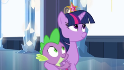 Size: 1244x705 | Tagged: safe, screencap, spike, twilight sparkle, twilight sparkle (alicorn), alicorn, equestria girls, crystal empire, element of magic, hug, smiling