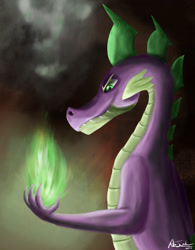 Size: 900x1156 | Tagged: safe, artist:ajvl, spike, dragon, fire, older, older spike, solo