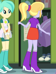 Size: 1536x2048 | Tagged: safe, screencap, cloudy kicks, tennis match, equestria girls, equestria girls (movie), bag, book, boots, clothes, cropped, female, high heel boots, lockers, rear view, shoes, smiling